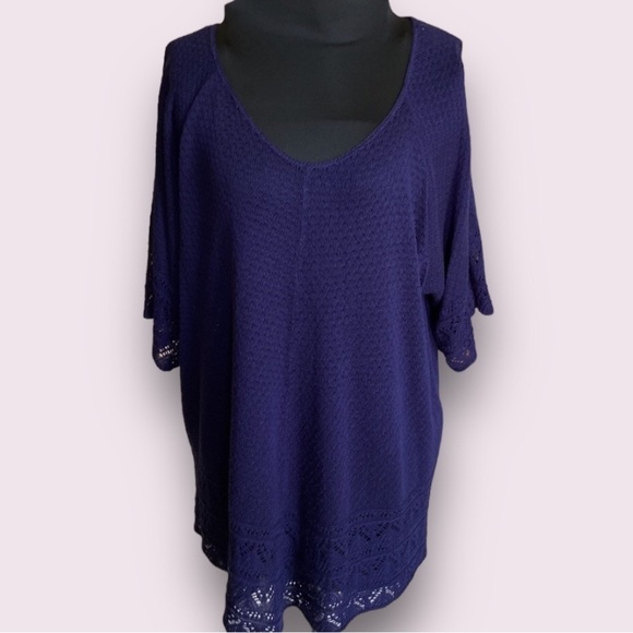 💙 Westport 1962 Cold Shoulder Short Sleeve Pointelle Sweater Navy Blue Size 3X - Picture 1 of 11